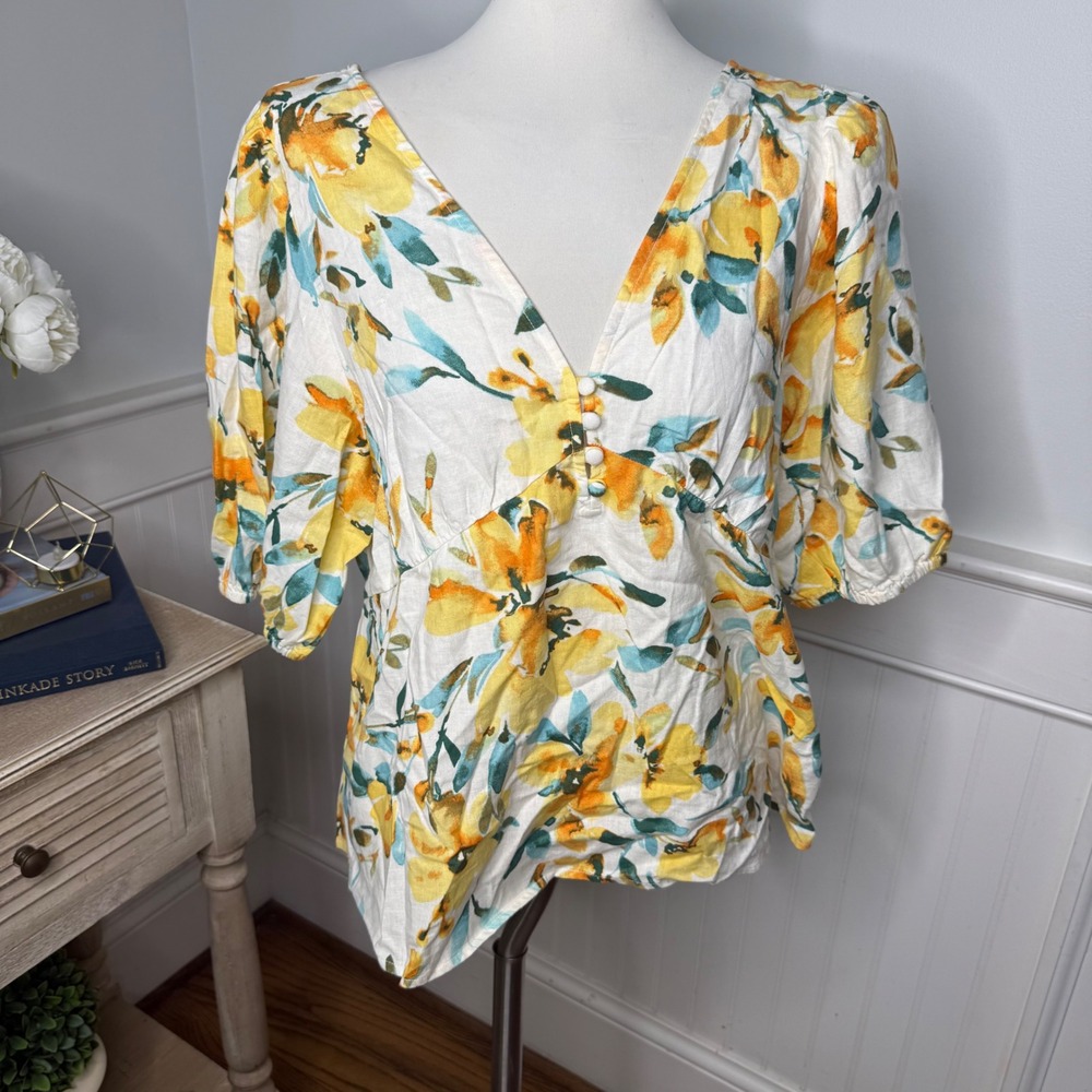 Gap Womens Yellow Floral Empire Waist Puff Sleeve V-Neck Peplum Blouse Large NWT